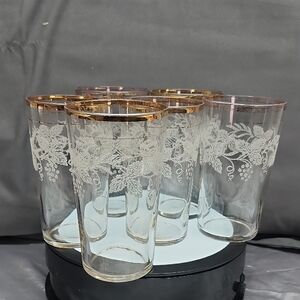 Vintage Bartlett Collins Grape Leaf Etched Glasses Set of 6 22kt Gold Rim MCM